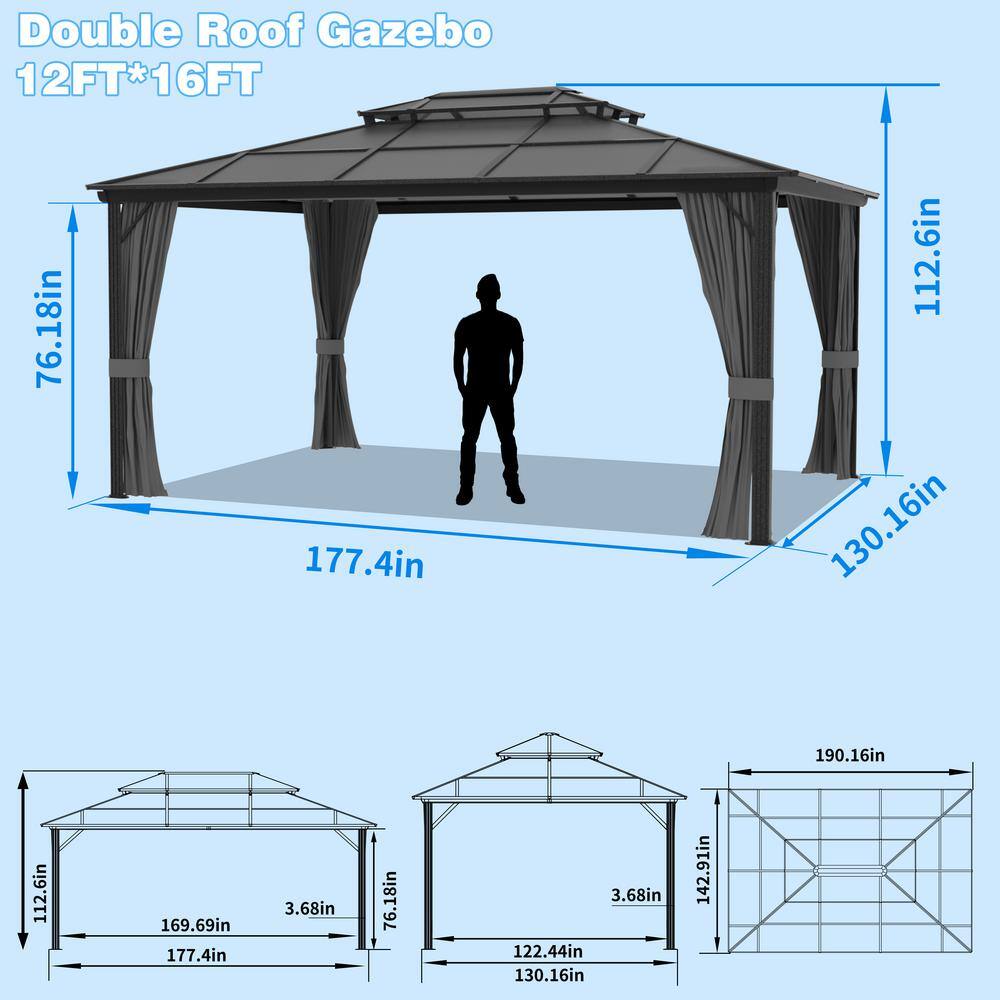 16' x 12' Black Aluminum Patio Gazebo with Curtains