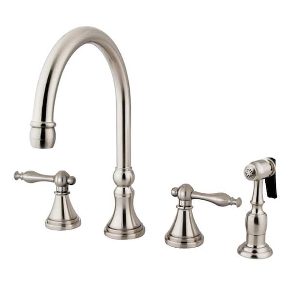 Kingston Brass Governor 2-Handle Deck Mount Widespread Kitchen Faucets with Brass Sprayer in Brushed Nickel