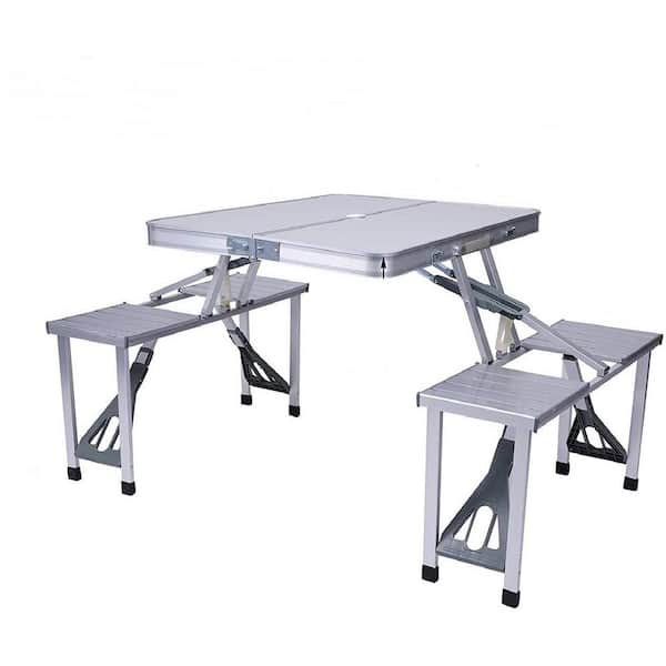 Cesicia Silver Metal 33.5 in. W Folding Camping Table Chair Set Picnic Table with 4 Seats Chairs and Umbrella Hole