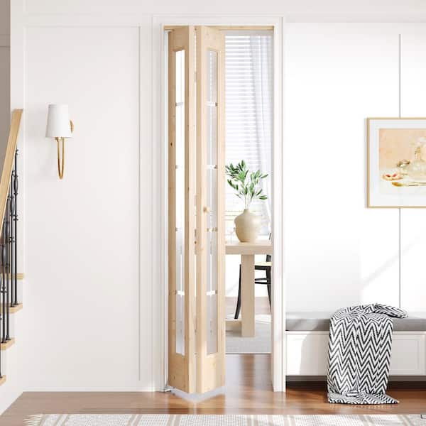 24 in. x 80 in. 3/4 Lite Frosted Glass Solid Core Brown Wood Bi-fold Door with Hardware