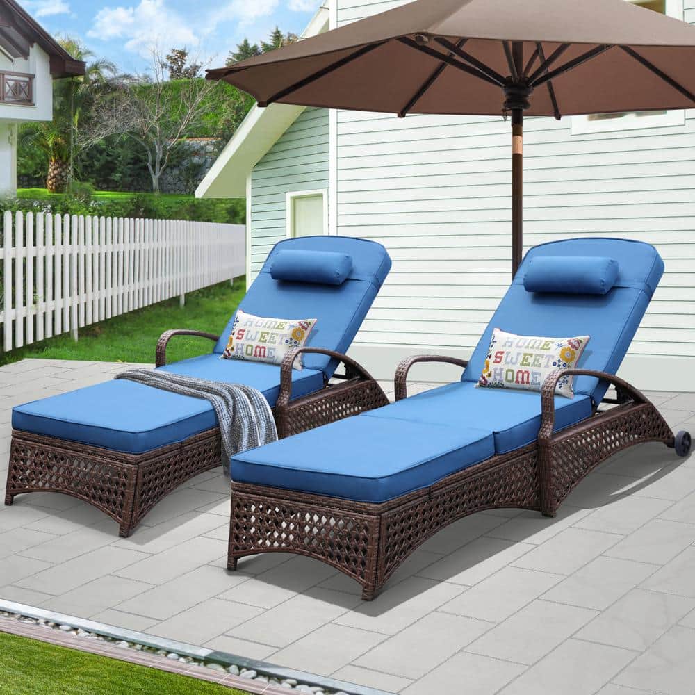 NOBLEMOOD Residential Brown 2 of Pieces Wicker Outdoor Chaise Lounge with Blue Cushions and ...