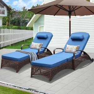 Residential Brown 2 of Pieces Wicker Outdoor Chaise Lounge with Blue Cushions and Adjustable Backrest