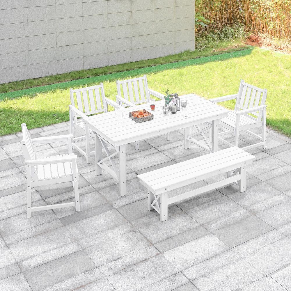 White 6-Piece HDPE Plastic Patio Outdoor Dining Set with Bench, Arm Chairs and Rectangular Table price history on PriceWatchPro