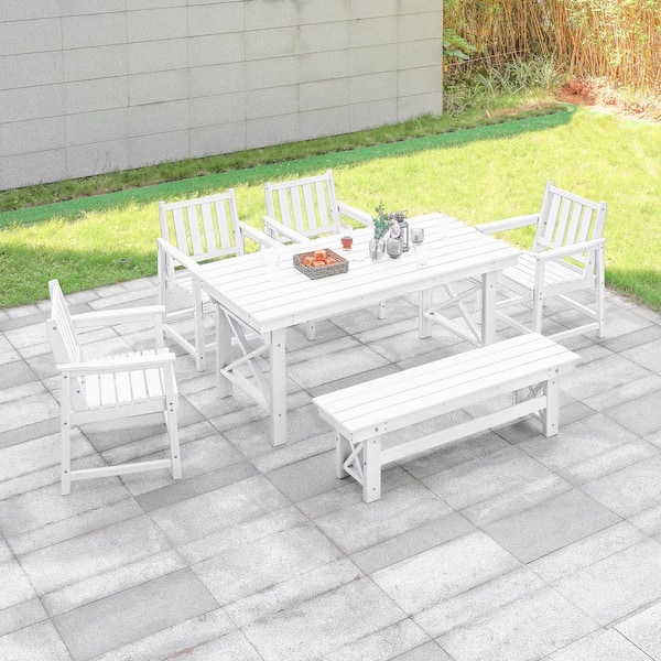 White 6-Piece HDPE Plastic Patio Outdoor Dining Set with Bench, Arm Chairs and Rectangular Table