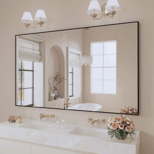 60 in. W x 36 in. H Aluminum Framed Rectangular Vanity Wall Mounted Mirror in Matte Black