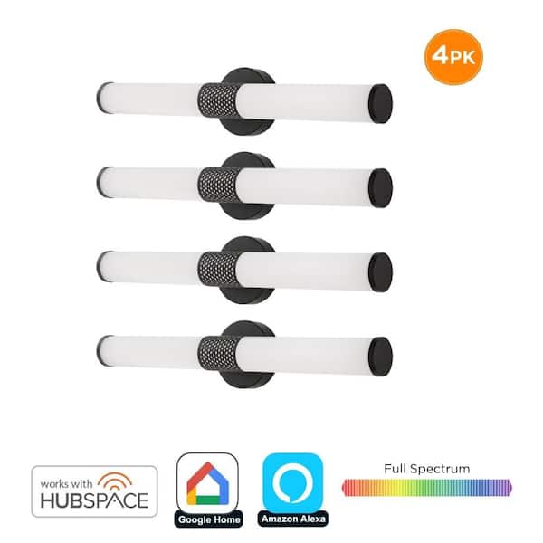 24 in. PENROSE Matte Black Perforated LED Vanity Bar Light with Hubspace and Night Light, Full Color Spectrum, 4-Pack