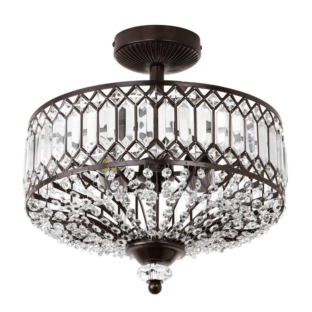 Elegant Hollywood Bronze & Glass Drum Ceiling Light with K-9 Crystals