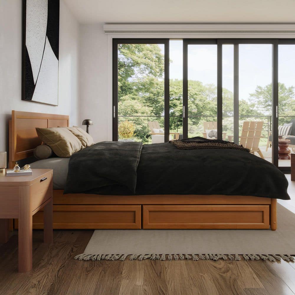 Lylah Walnut Brown Solid Wood Frame King Platform Bed with Panel Footboard and Storage Drawers - thumbnail 2