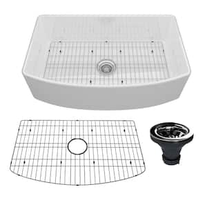 33 in. Farmhouse Apron Single Bowl Glossy White Fireclay Curved Design Kitchen Sink with Bottom Grid and Strainer