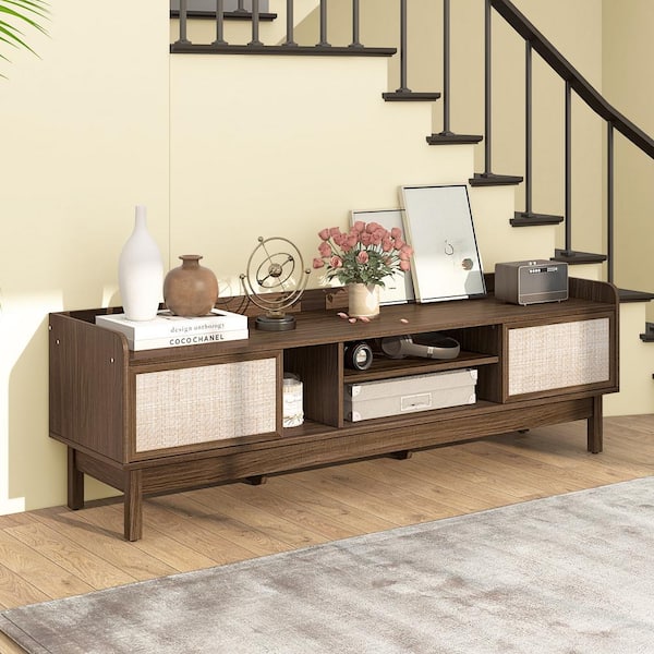 59 in. Walnut TV Stand Entertainment Center Fits TV's up to 65 in. with Sliding Woven Doors