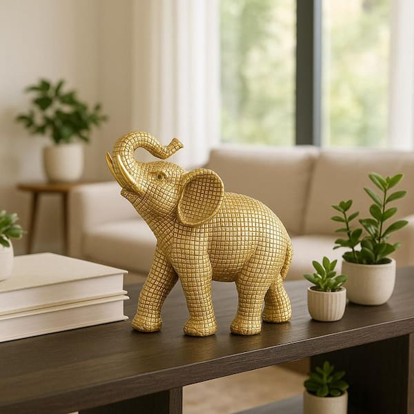 Gold 7 in. x 7 in. Resin Elephant Table Accent Figurine