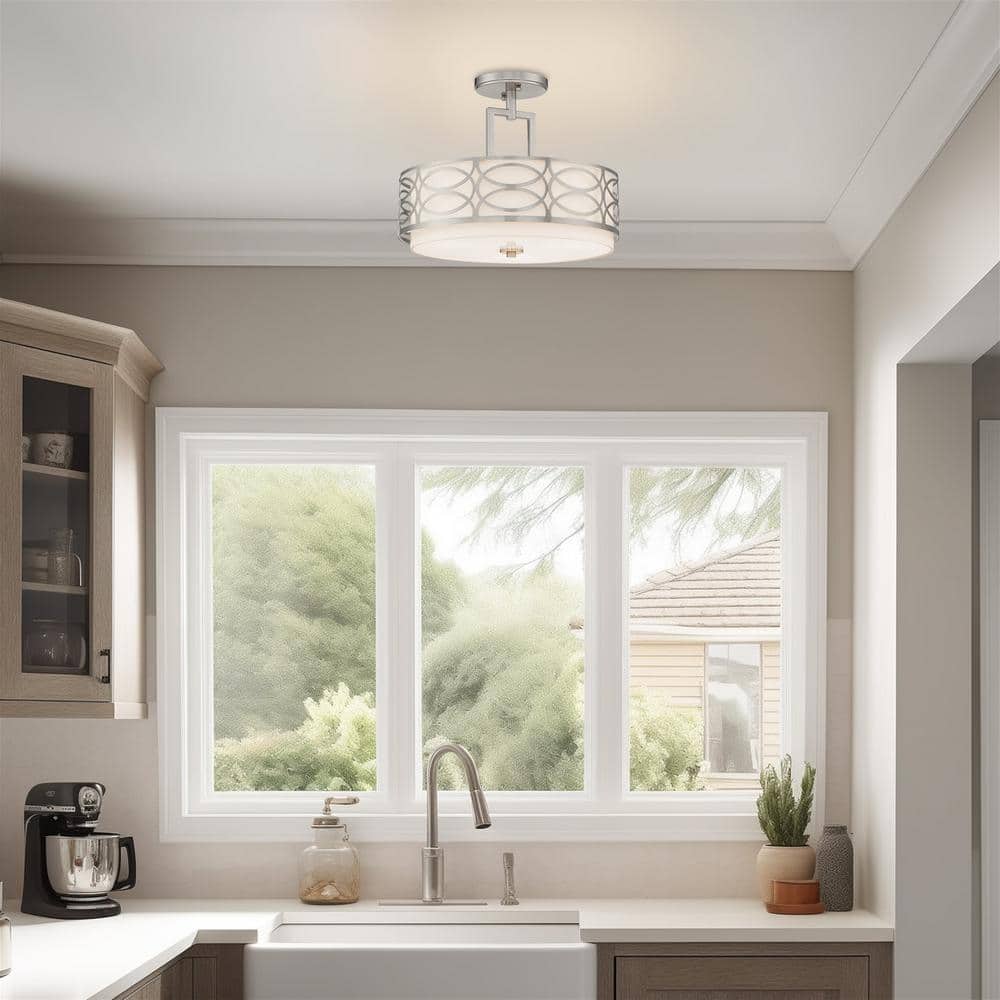 Sienna 15" Brushed Nickel Drum Ceiling Light with White Fabric Shade
