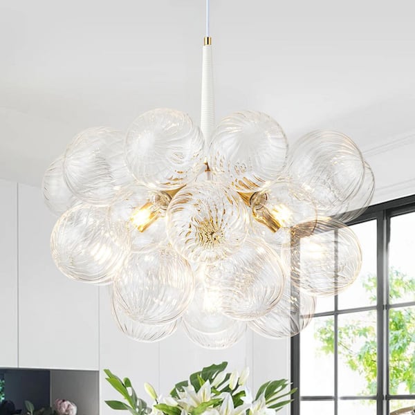 AURA BUBBLE 6-Light Gold and White Nordic Bubble Cluster Chandelier with Swirled Glass Globes, Bulbs Included