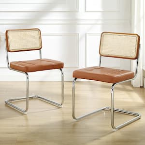 SIASY Orange Brown Faux Leather Accent Cane Side Chair Set of 2