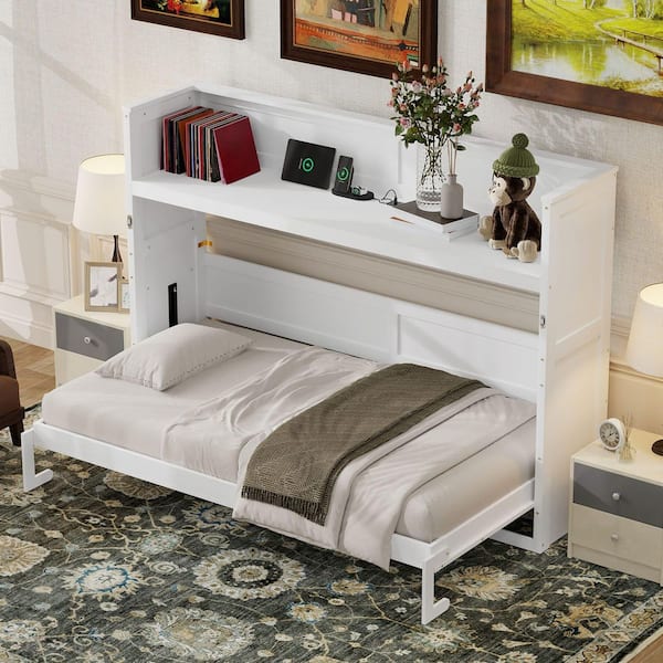 Halden White Wood Frame Twin XL Size Murphy Bed with Desk, LED Light, USB Charging Station
