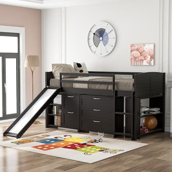 Harper & Bright Designs Espresso Low Twin Size Loft Bed with Drawers, Shelves and Slide