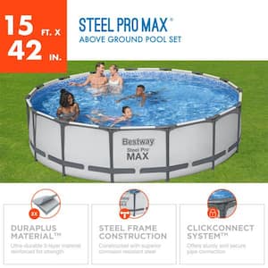 Pro MAX 15 ft. x 15 ft. Round 42 in. Deep Metal Frame Above Ground Swimming Pool with Pump & Cover