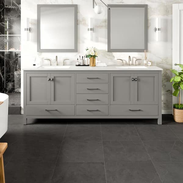 Eviva Aberdeen 84 in. W x 22 in. D x 35 in. H Double Bath Vanity in Gray with White Carrara Marble Top with White Sinks