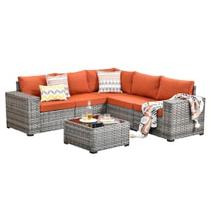 Tahoe Gray 6-Piece Wicker Extra-Wide Arm Outdoor Patio Conversation Sofa Set with Orange Red Cushions