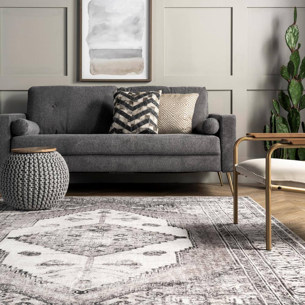 Light Gray Synthetic Medallion Washable Rectangular Area Rug 3' x 5'
