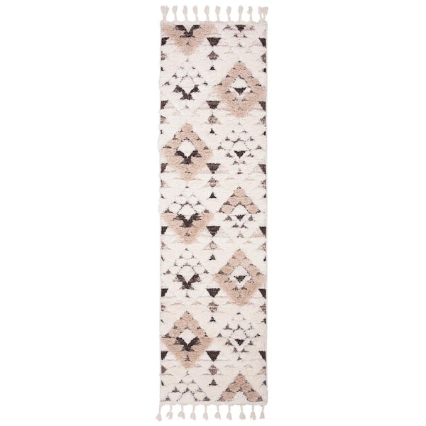 Moroccan Tassel Shag Ivory/Brown 2 ft. x 20 ft. High-Low Geometric Fringe Runner Rug