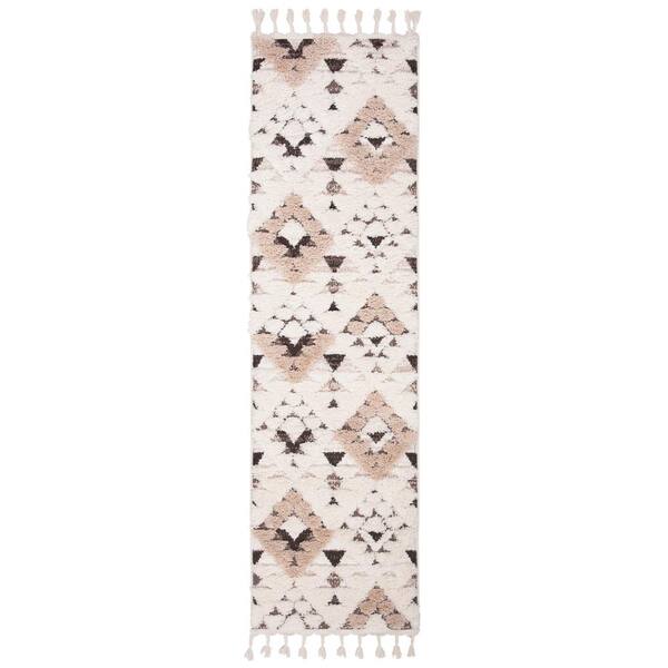 SAFAVIEH Moroccan Tassel Shag Ivory/Brown 2 ft. x 8 ft. High-Low Geometric Fringe Runner Rug