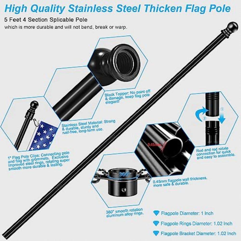 6ft Black Stainless Steel Outdoor Flag Pole Kit with Adjustable Bracket