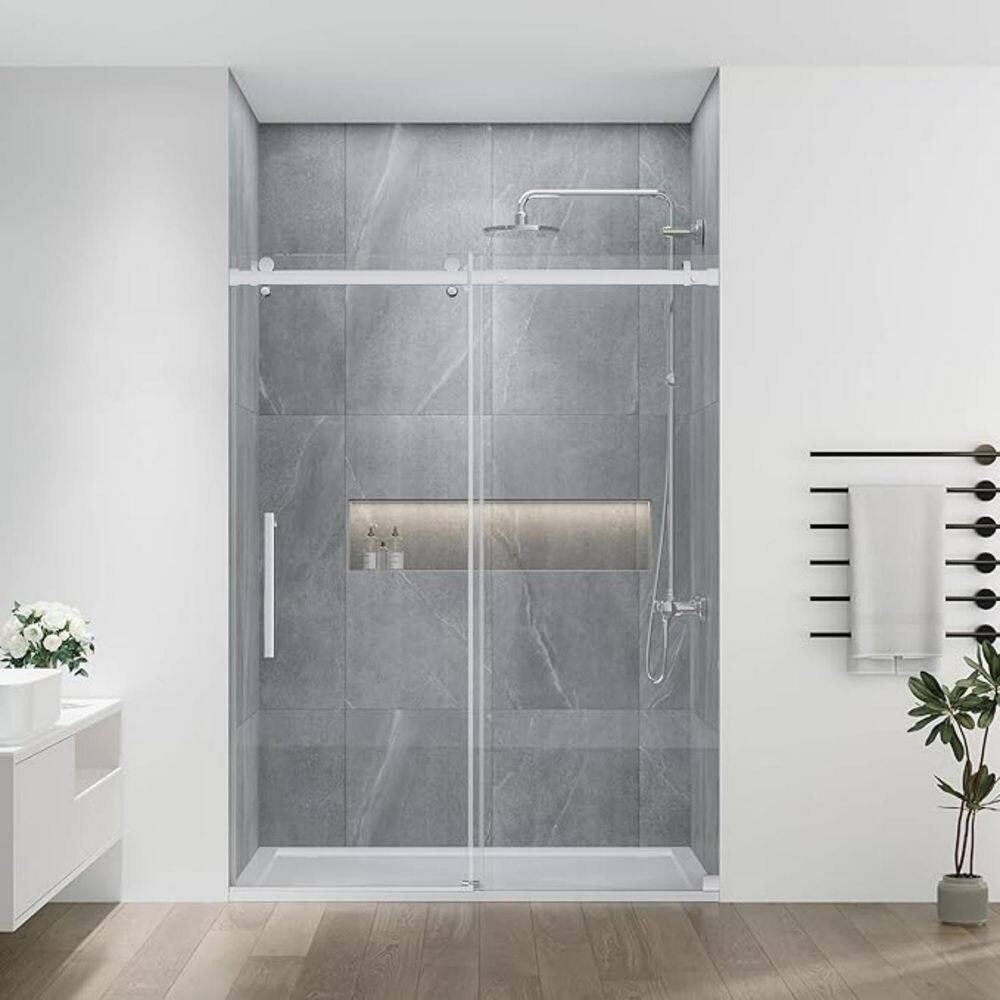 54 in. W x 75 in. H Single Sliding Shower Doors Frameless Bypass Glass Shower Door in Brushed Nickel 1/4 in. Clear Glass price history on PriceWatchPro