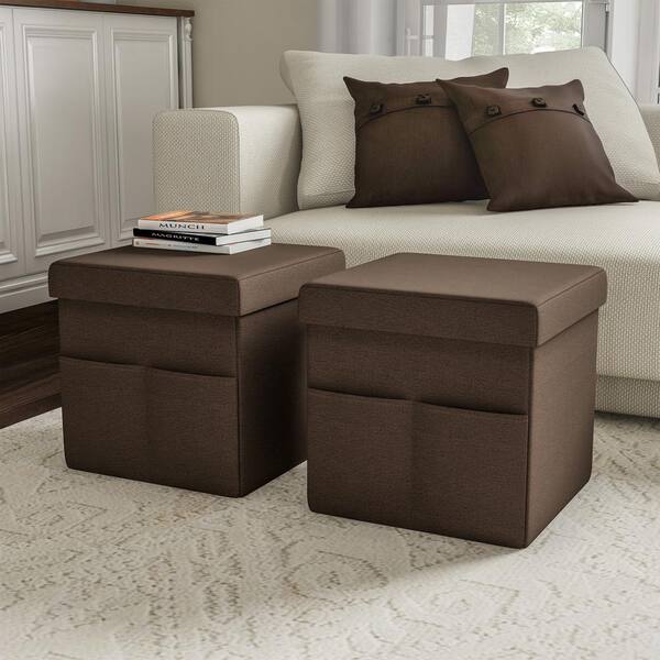 Lavish Home Brown Foldable Storage Cube Ottoman with Pockets (Set of 2)