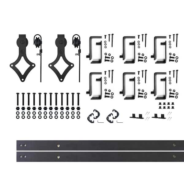 HOMACER 8 ft./96 in. Black Rustic Double Track Bypass U-Shape Sliding Barn Door Hardware Kit - Diamond Design Roller