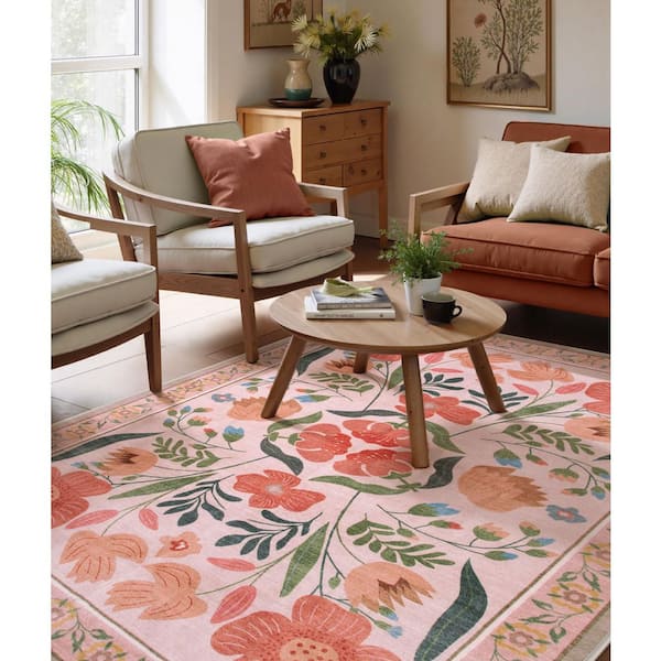 Cottagecore Floral Washable Non-Slip Beige 6 ft. x 9 ft. Area Rug