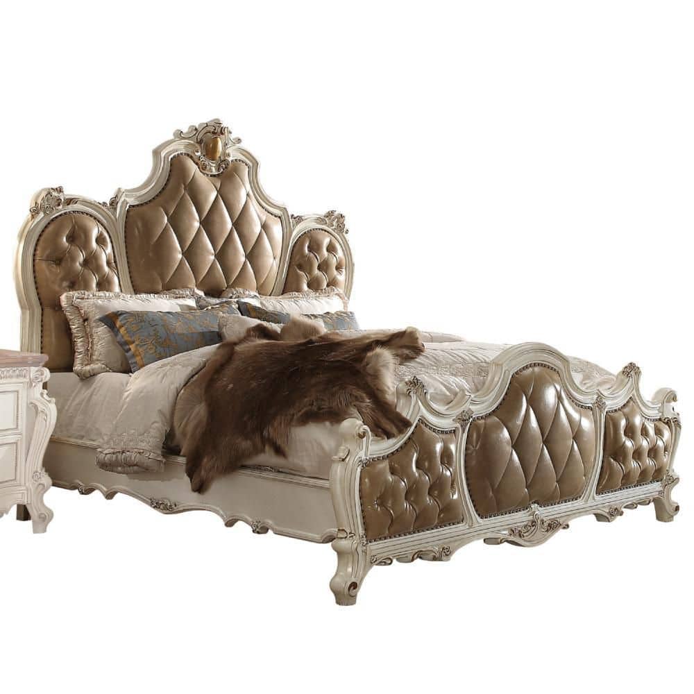 Brown Wood Frame King Size Panel Bed with Button Tufted