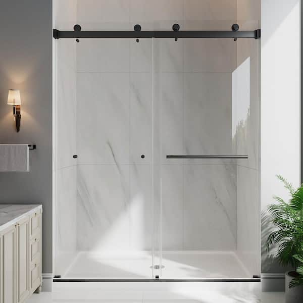 55-60 in. W x 76 in. H Double Sliding Frameless Shower Door in Mattle Black with Clear Glass