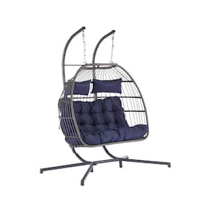 2 Person Wicker Patio Outdoor Rattan Porch Swing Hanging Egg Chair With Blue Cushion