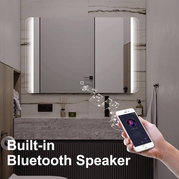 KINWELL Bathroom Mirror 31.5-in W x 23.6-in H LED Lighted White Rectangular Fog Free Frameless Bluetooth Bathroom Vanity Mirror