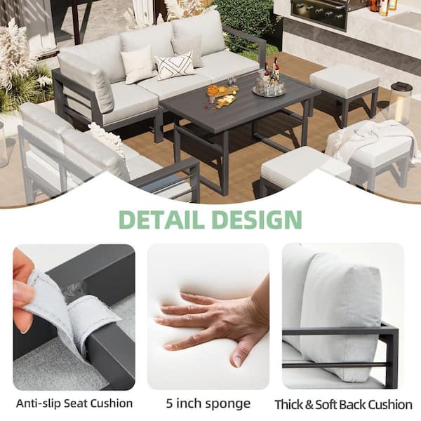 7-Piece Metal Patio Conversation Set with Gray Cushions, Height-Adjustable Table