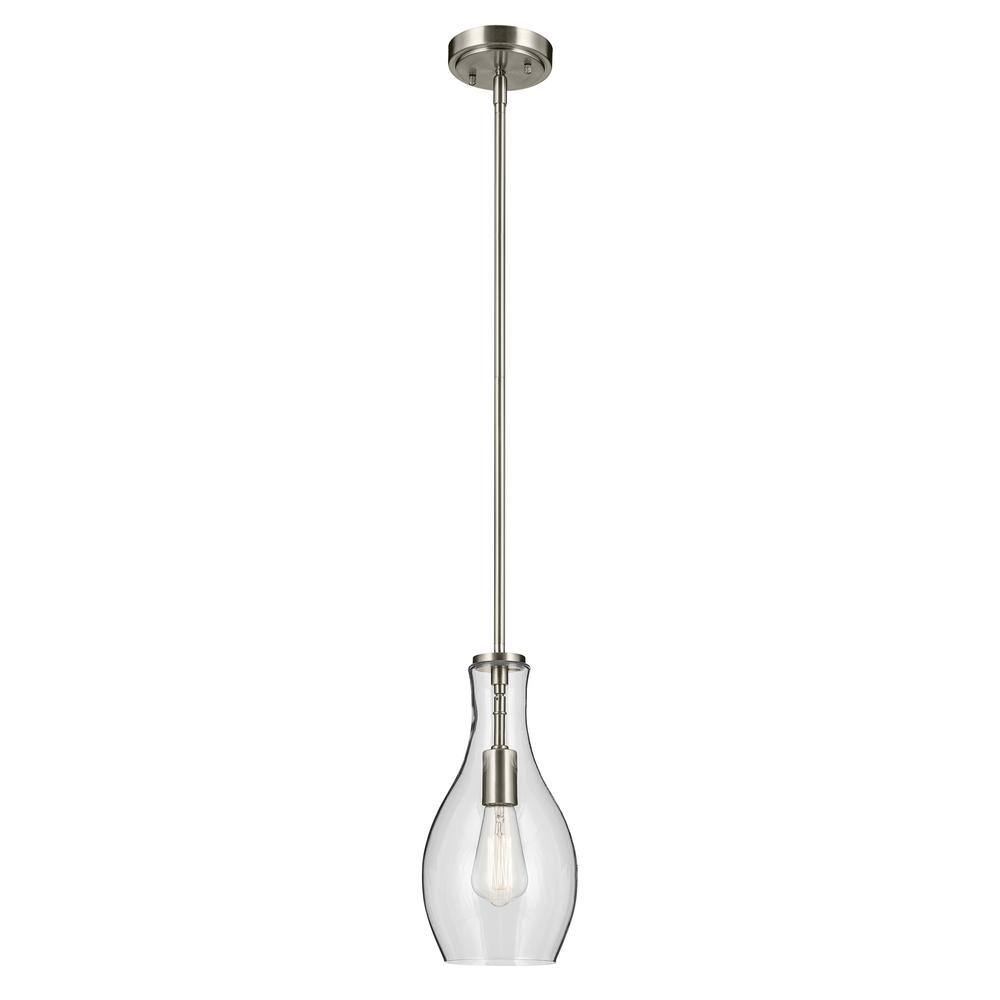 KICHLER Everly 13.75 in. 1-Light Brushed Nickel Modern Shaded Bell Kitchen Hanging Pendant Light with Clear Glass