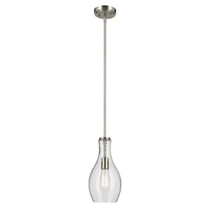 Everly 13.75 in. 1-Light Brushed Nickel Modern Shaded Bell Kitchen Hanging Pendant Light with Clear Glass