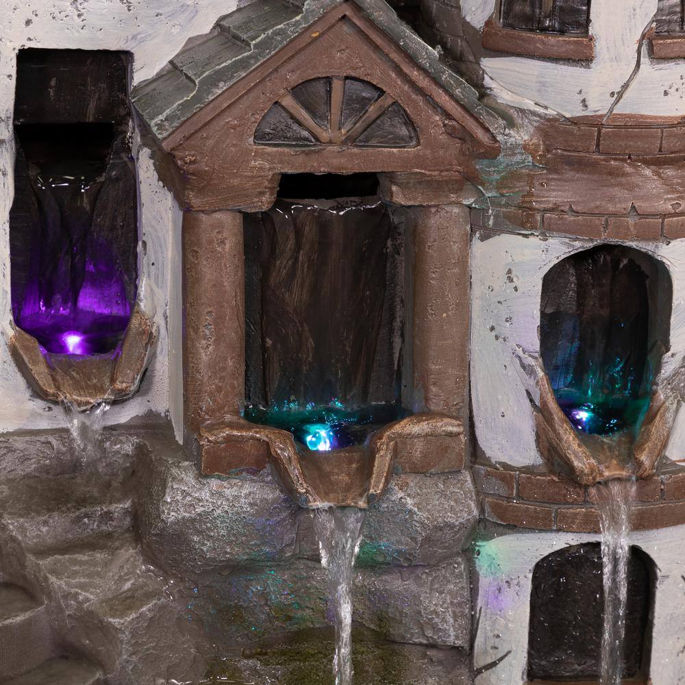 35" Gray Cement Outdoor Castle Fountain with LED Lights