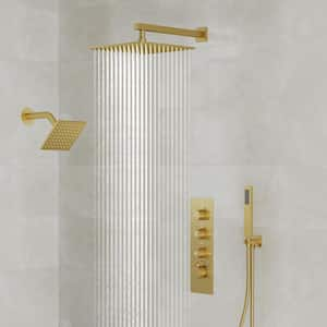 7-Spray Patterns 12 in. Wall Mount Dual Shower Heads with 6-Jet in Brushed Gold (Valve Included)