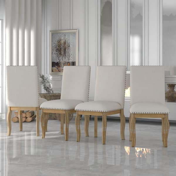 Natural Wood Wash Wood Upholstered Fabric Dining Chairs with Nailhead (Set of 4)