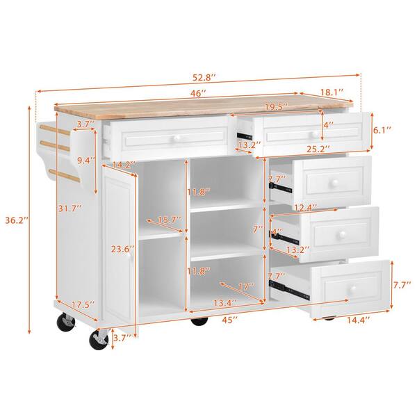 Runesay White Mdf Base with Mdf Wood Top Rolling Kitchen Island (18.1-in x 52.8-in x 36.2-in)