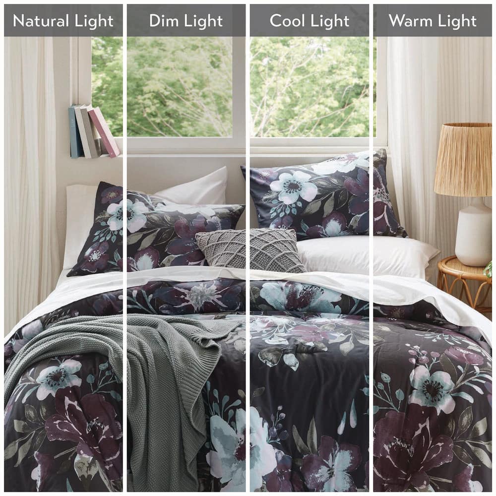 Dark Gray and Plum Floral Cotton Full Comforter Set