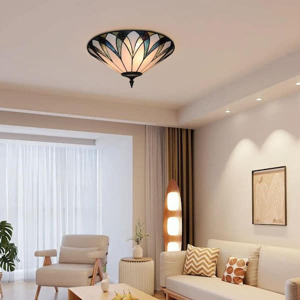 OUKANING 18 in. 3-Light Retro Elegant Stained Glass Flush Mount