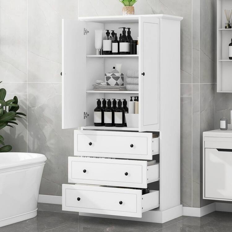 Harper & Bright Designs Freestanding White 69.2 in. H Accent Storage Cabinet with Doors 3 Large Drawers Adjustable Shelves