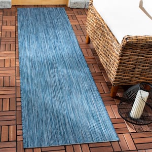 Beach House Blue 2 ft. x 6 ft. Solid Striped Indoor/Outdoor Patio  Runner Rug