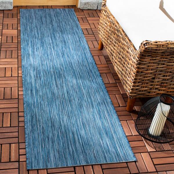 Beach House Blue 2 ft. x 6 ft. Solid Striped Indoor/Outdoor Patio  Runner Rug
