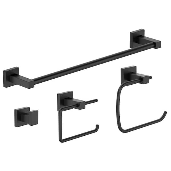 Symmons Duro 4-Piece Bath Hardware Set with Toilet Paper Holder, 18 in . Towel Bar, Robe Hook and Towel Ring in Matte Black