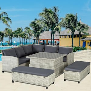 Grey 6-Piece Wicker Outdoor Sectional Set with Lifting Table and Grey Cushions