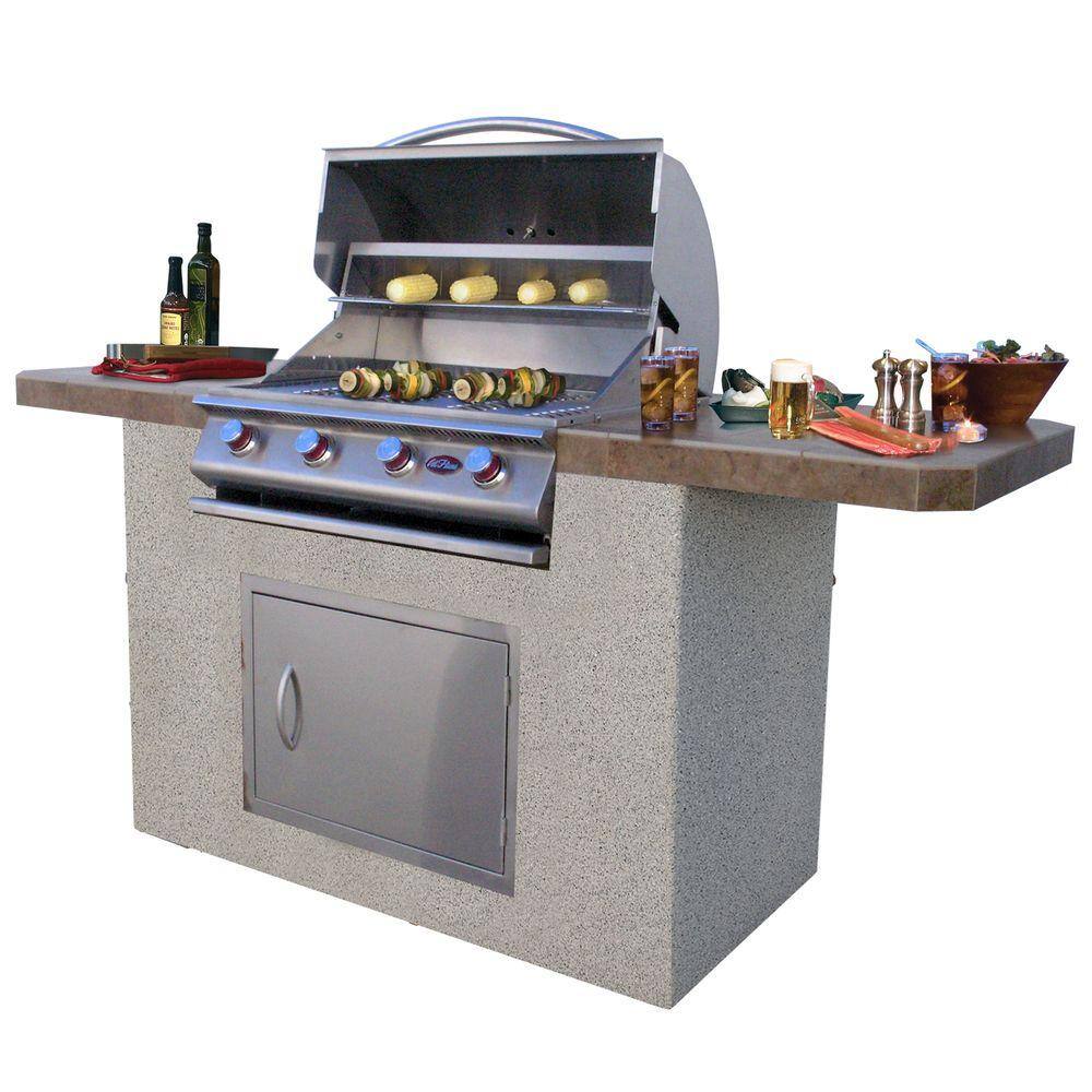 Cal Flame 7 Ft Stucco And Tile Bbq Island With 4 Burner Grill In Stainless Steel Bistro 470 A The Home Depot